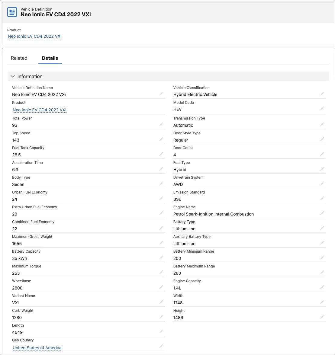 A Vehicle Definition record in Automotive Cloud.