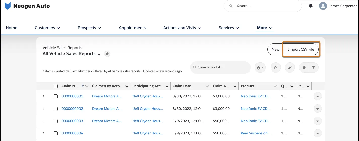 The Import CSV action that dealers can use to upload sales reports in Automotive Cloud.