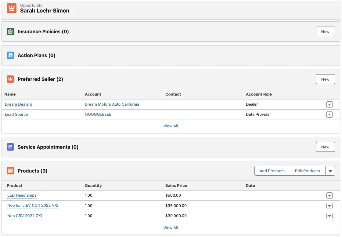 An Opportunity record showing the preferred products and sellers in Automotive Cloud.