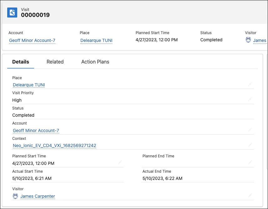 A Visit record in Automotive Cloud.