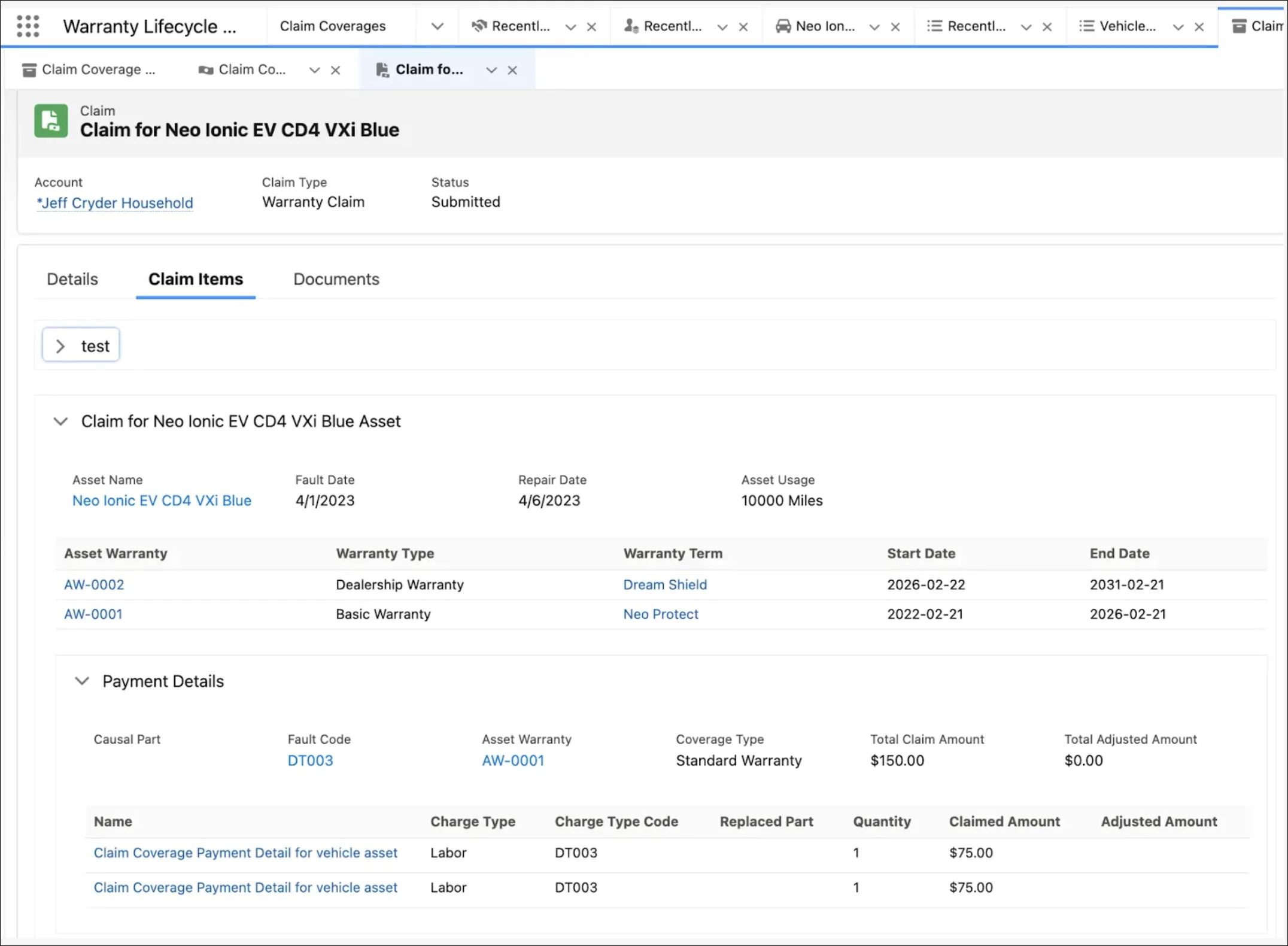 A Claim record in Automotive Cloud showing the related claim items and claim payment details.