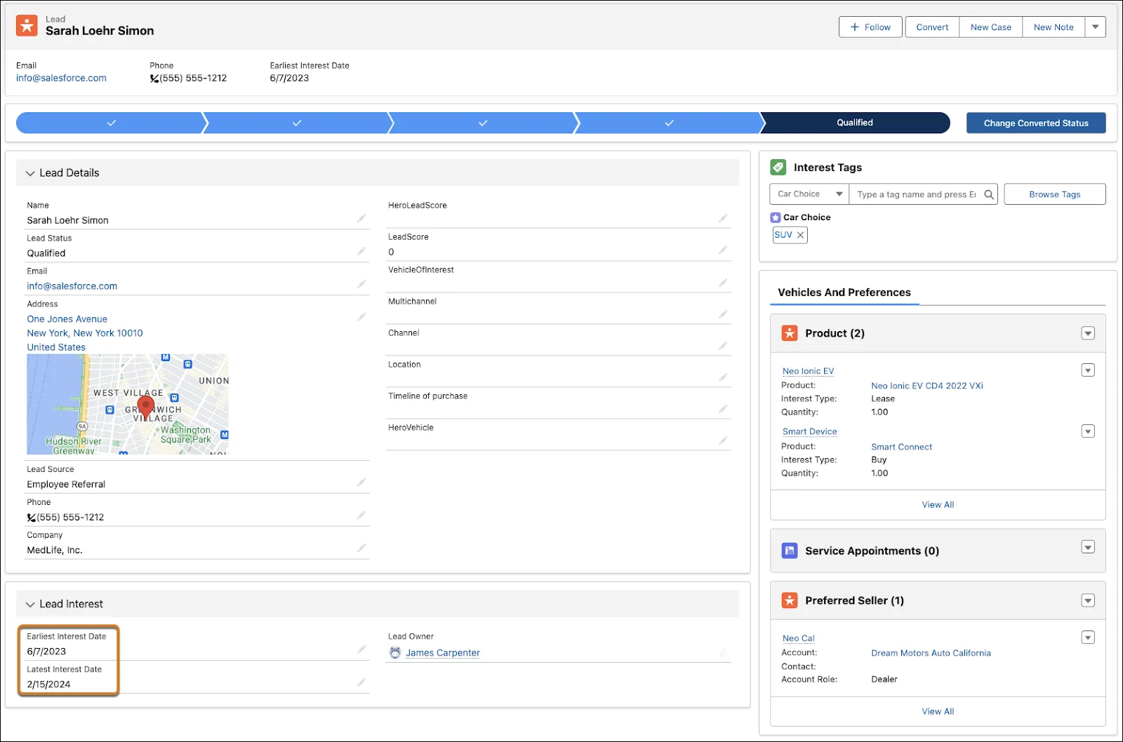 A Lead record showing the lead interest dates, Interest Tags, and preferred products and sellers in Automotive Cloud.