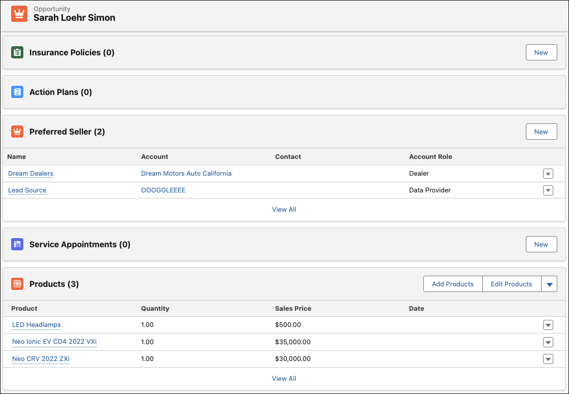 An Opportunity record showing the preferred products and sellers in Automotive Cloud.