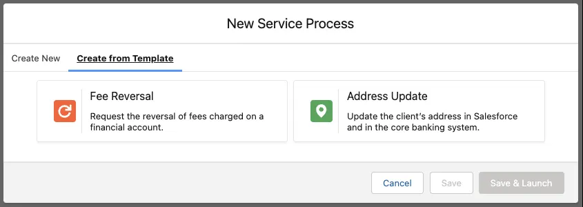 The New Service Process window showing templates for creating automotive-specific service definitions.