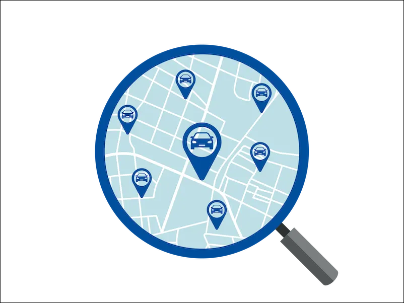 A magnifying glass looking into vehicles across multiple locations.