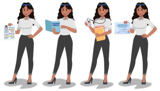 Four different images of Eunice holding her current resume, an automotive cybersecurity training manual, an internship ID badge, and an automotive cybersecurity specialist certification, representing Eunice’s journey from the IT cybersecurity field to a career in automotive cybersecurity.
