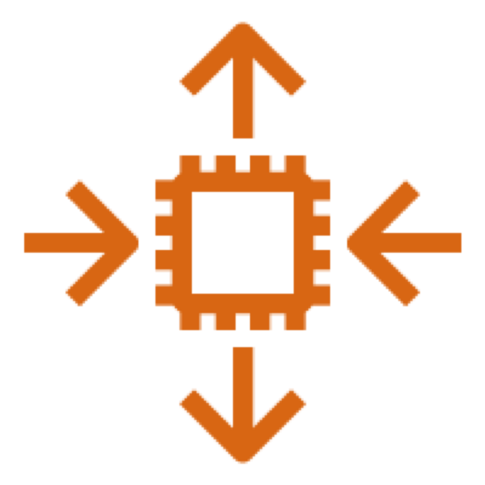 Amazon EC2 Auto Scaling icon depicting a computer chip with horizontal arrows pointing toward it and vertical arrows pointing away from it, representing the ability to scale in or out