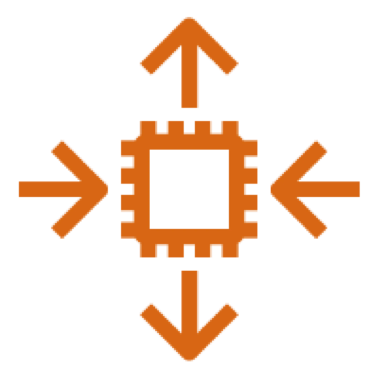 Amazon EC2 Auto Scaling icon depicting a computer chip with horizontal arrows pointing toward it and vertical arrows pointing away from it, representing the ability to scale in or out