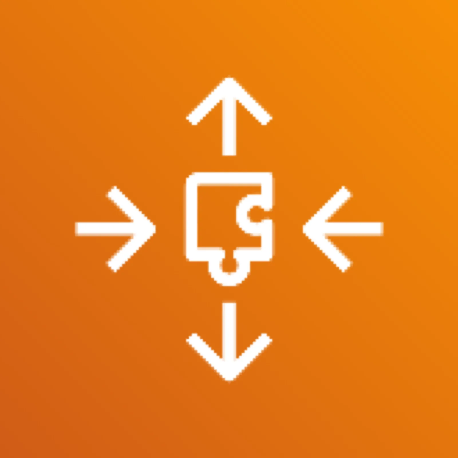 AWS Application Auto Scaling icon depicting a puzzle piece with horizontal arrows pointing toward it and vertical arrows pointing away, against an orange background