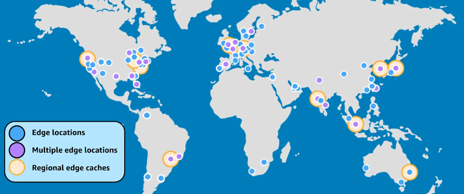 Global map showing edge locations in North America, Europe, Asia, Australia, South America, Africa, China, and the Middle East, and regional edge caches in heavily populated areas