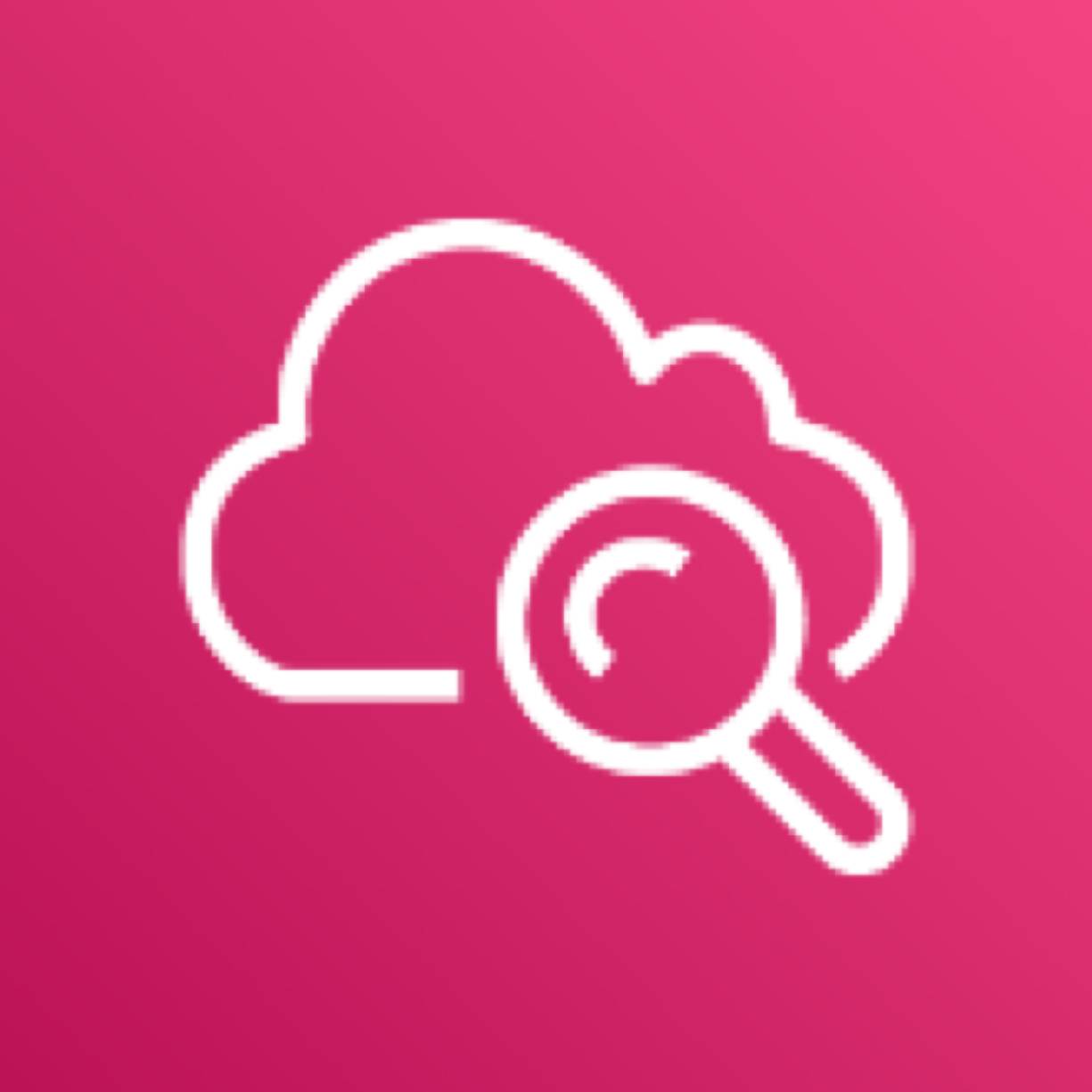 Amazon CloudWatch icon depicting a cloud being inspected by a magnifying glass against a pink background