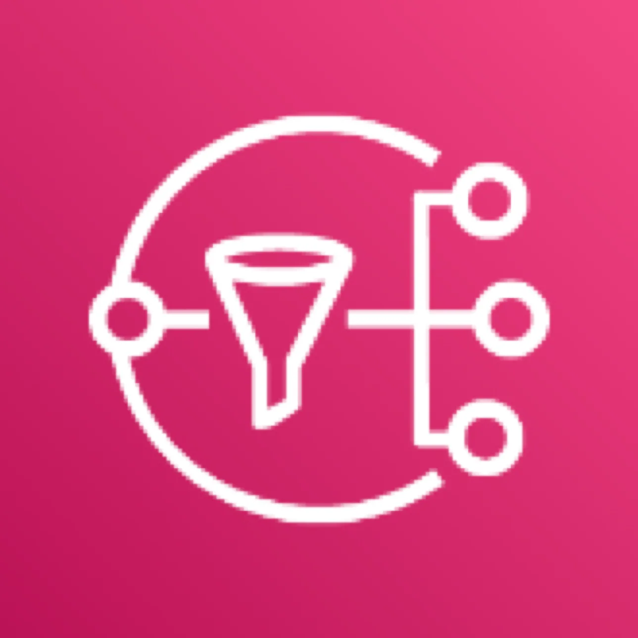 Amazon Simple Notification Service icon depicting a circle feeding into a funnel that is distributing to three circles against a pink background