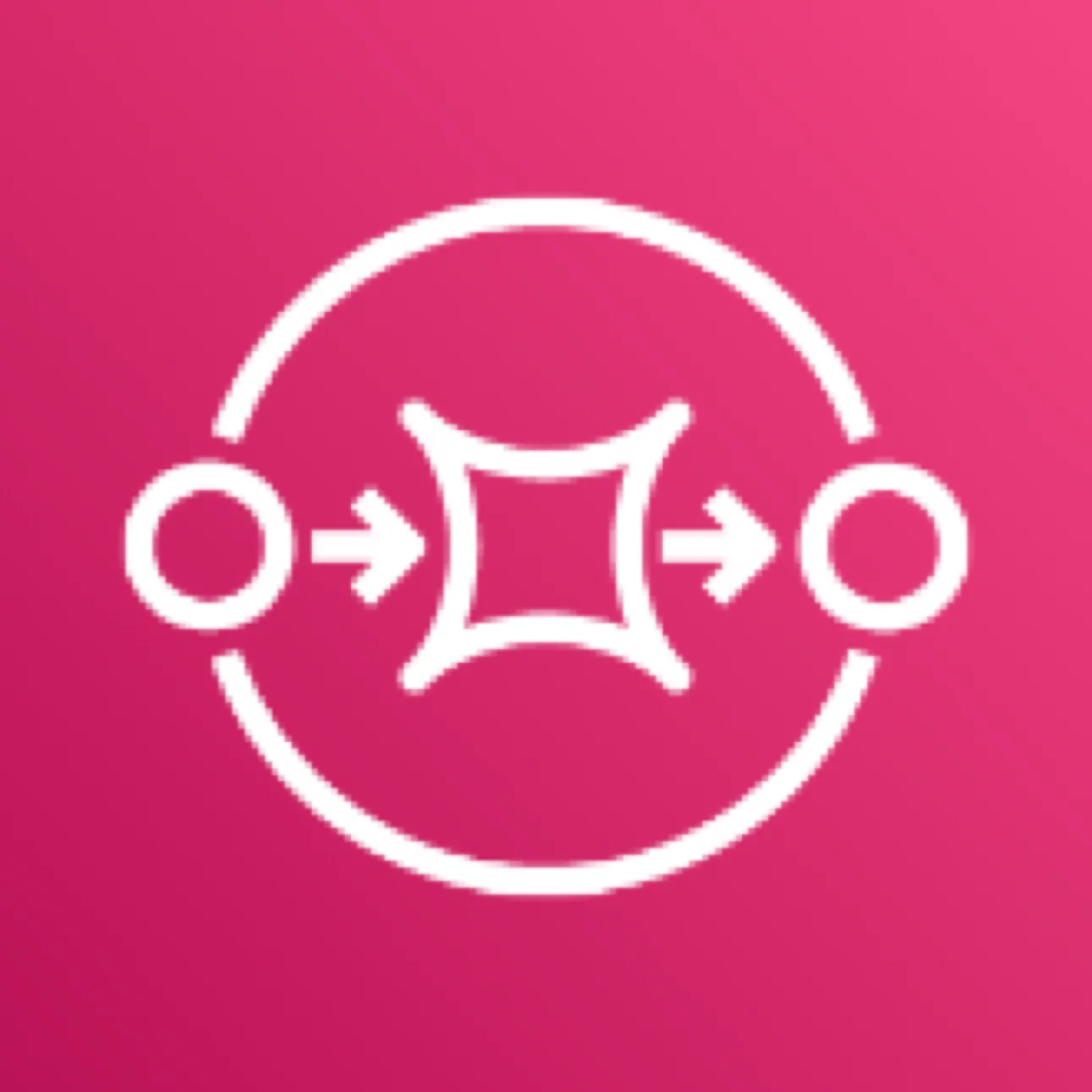 Amazon Simple Queue Service icon depicting a circle pointing to a star pointing to a circle against a pink background