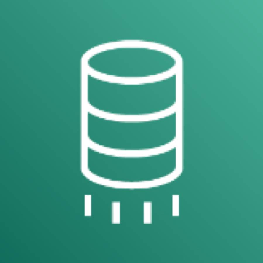 AWS Database Migration Services icon depicting a database blasting off against a cyan background