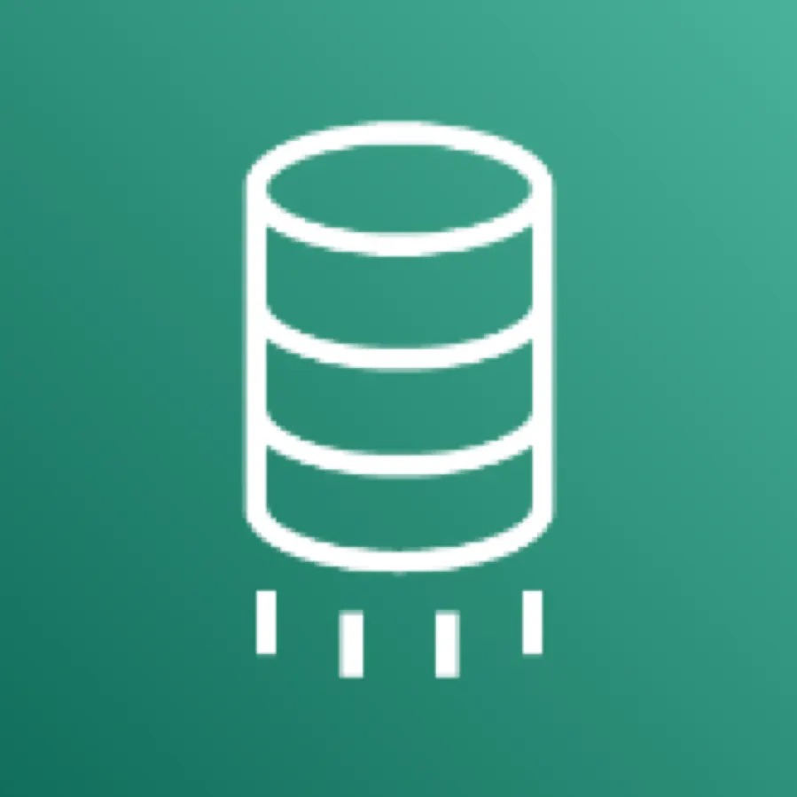 AWS Database Migration Services icon depicting a database blasting off against a cyan background