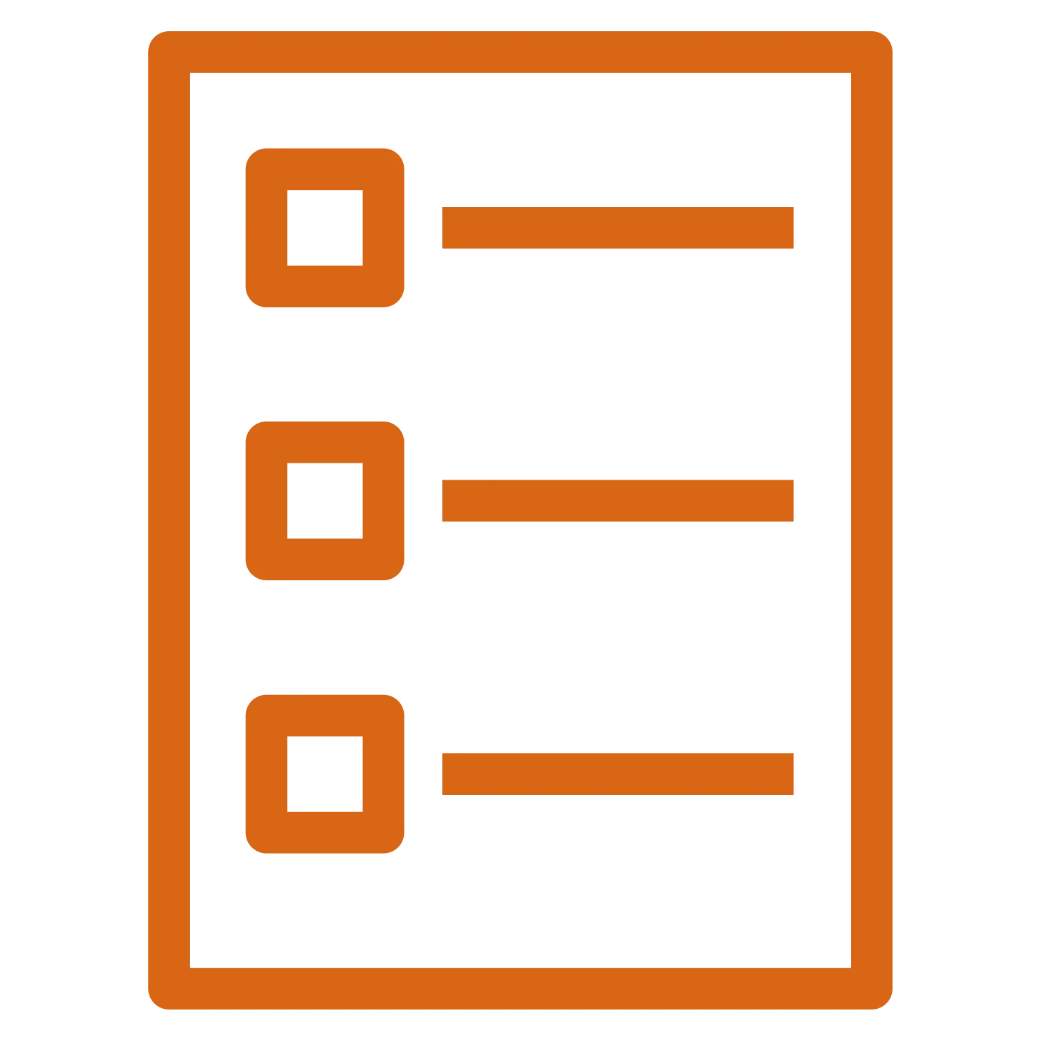 Icon depicting a checklist, with three rows consisting of a square checkbox and a horizontal line