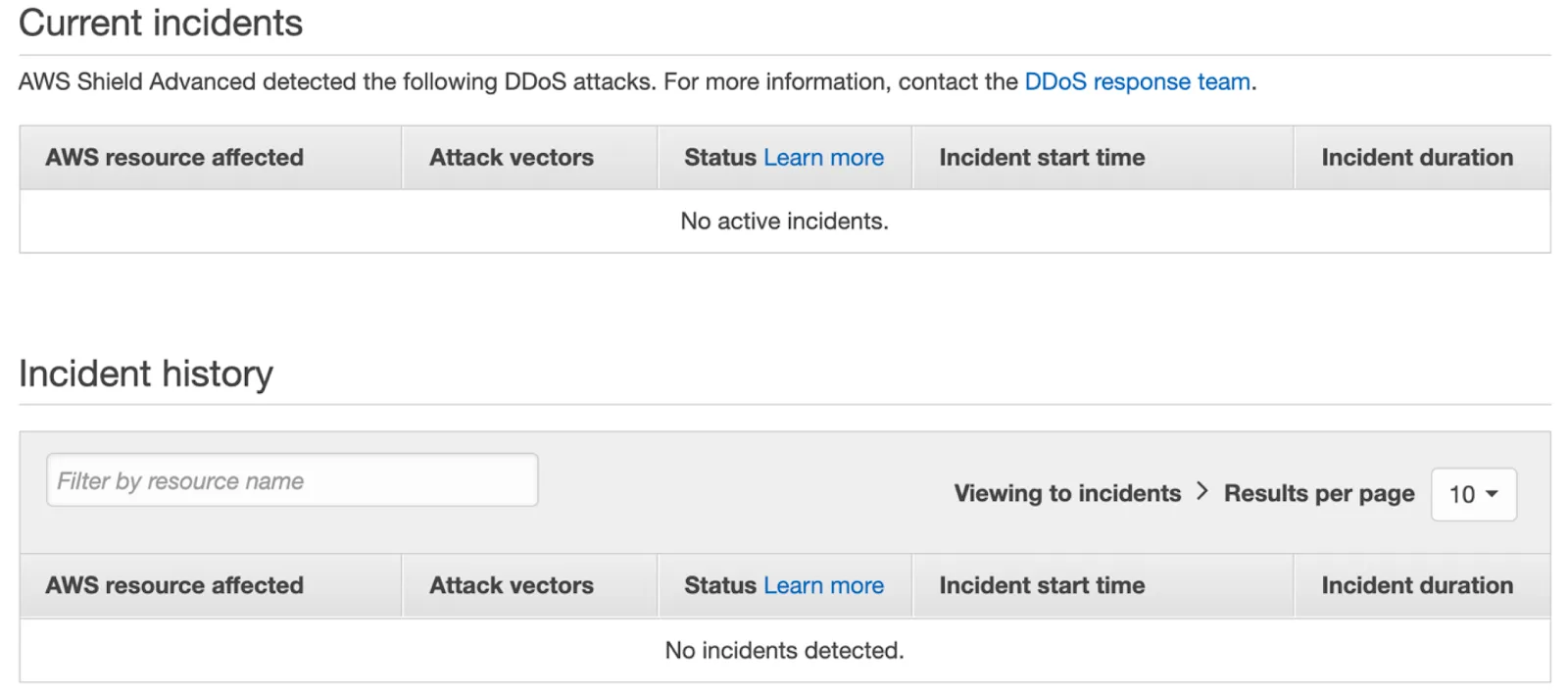 Screenshot of AWS Shield, displaying details for current incidents and the complete incident history