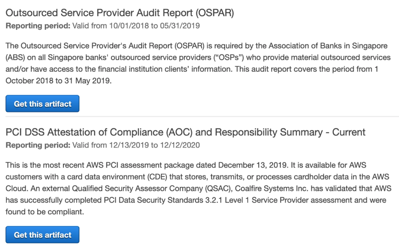 Screenshot of AWS Artifact Reports showing buttons to access the Outsourced Service Provider Auditor Report (OSPAR) and the PCI DSS Attestation of Compliance (AOC) and Responsibility Summary – Current