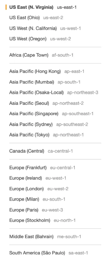 A list of region geographic names and region code names