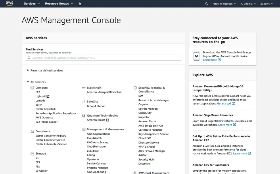 Screenshot of the AWS Management Console landing page