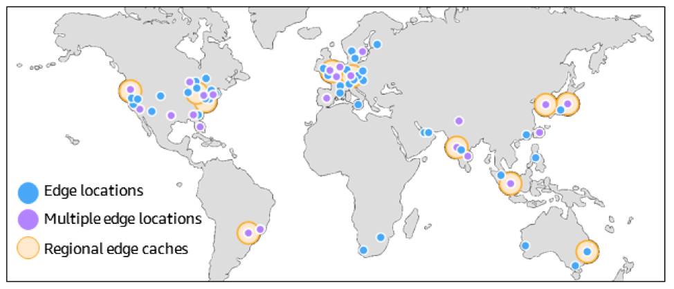 Global map pinpointing all the Points of Presence, which includes Edge Locations, Multiple Edge Locations and Regional Caches.