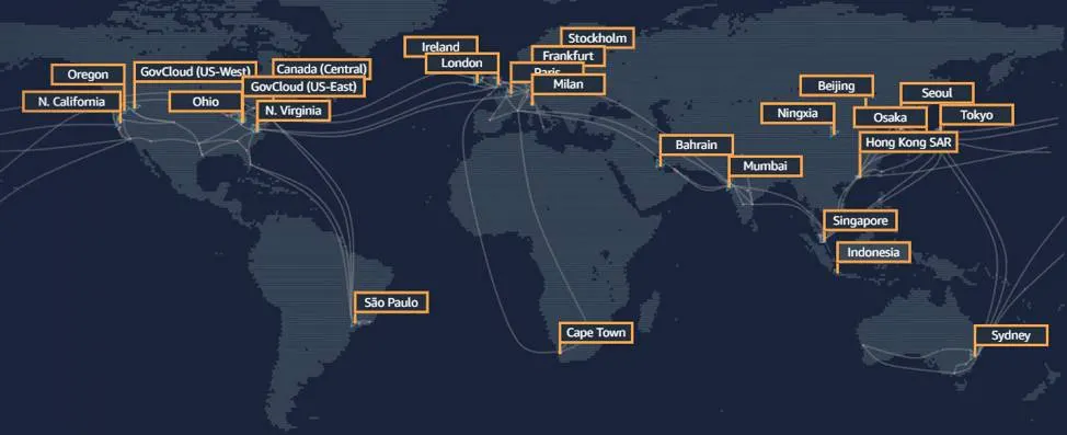 La infraestructura global de AWS con las distintas regiones geográficas
