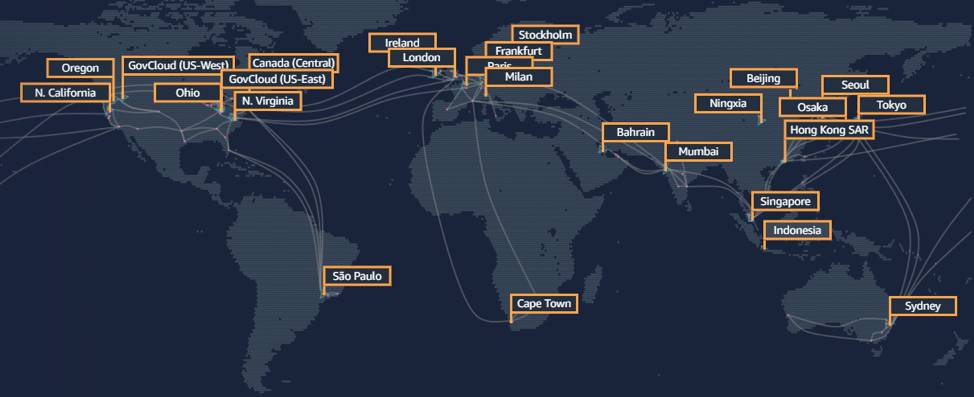 Régions géographiques de l’infrastructure mondiale AWS.