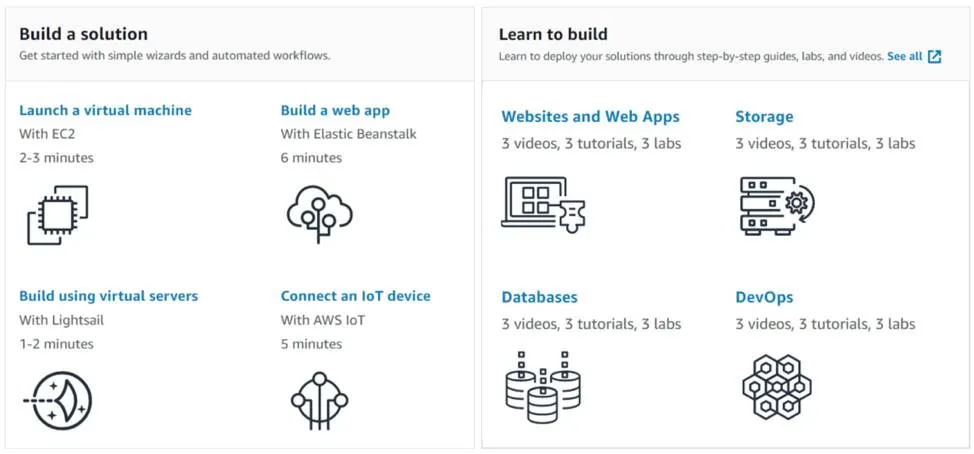 AWS コンソールページの [Build a solution (ソリューションの構築)] セクションと [Learn to build (構築方法の学習)] セクション。