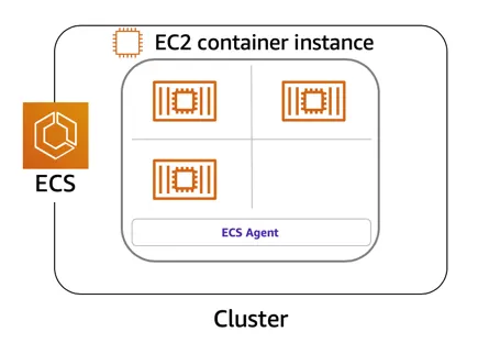 A cluster consisting of one EC2 Container instance, with the ECS agent installed on the instance. The instance is running three containers.