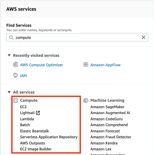 AWS services in the console with the list of eight compute services highlighted by a red box