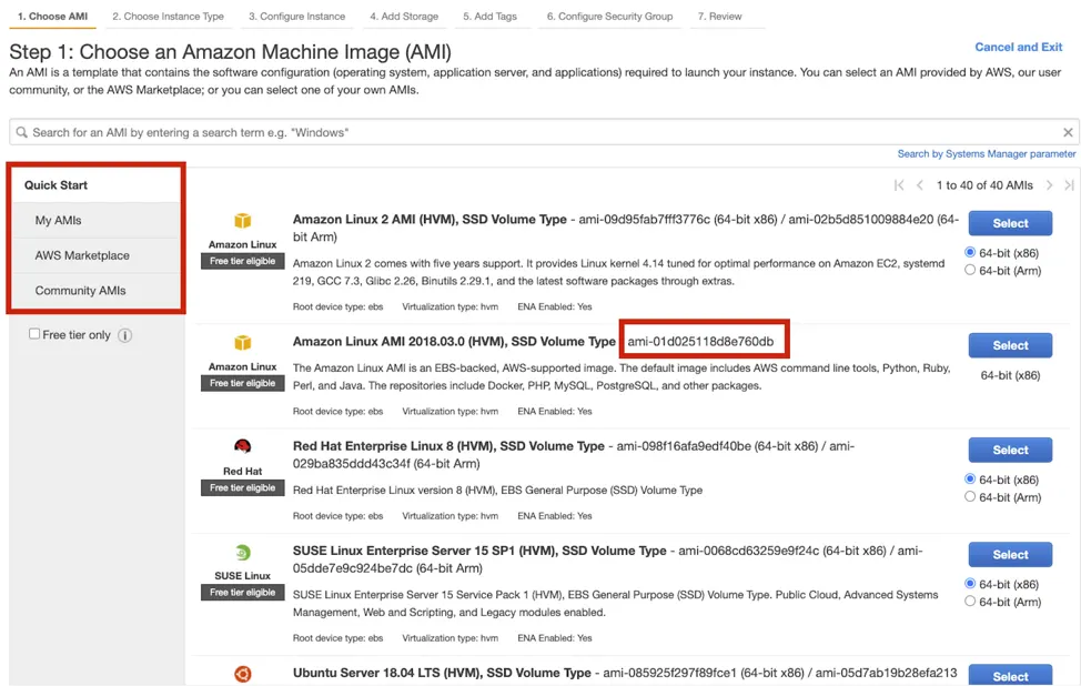 Screenshot of the console. You can choose from four categories: Quick Start, My AMIs, AWS Marketplace, and Community AMIs. This is highlighted by a red box. Quick Start is selected. Each AMI has an AMI-ID. The AMI-ID for Amazon Linux is highlighted by another red box.