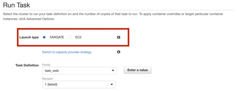 Screenshot of the Amazon ECS Console, where you select which mode you want to run in: Fargate mode or EC2 mode