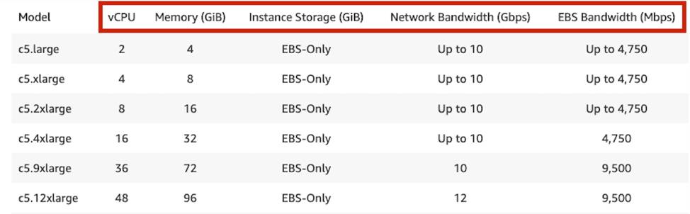 Screenshot of several instances with their performance specifications. The column headers are highlighted by a red box, showing vCPU, memory, instance storage, network bandwidth, and EBS bandwidth.