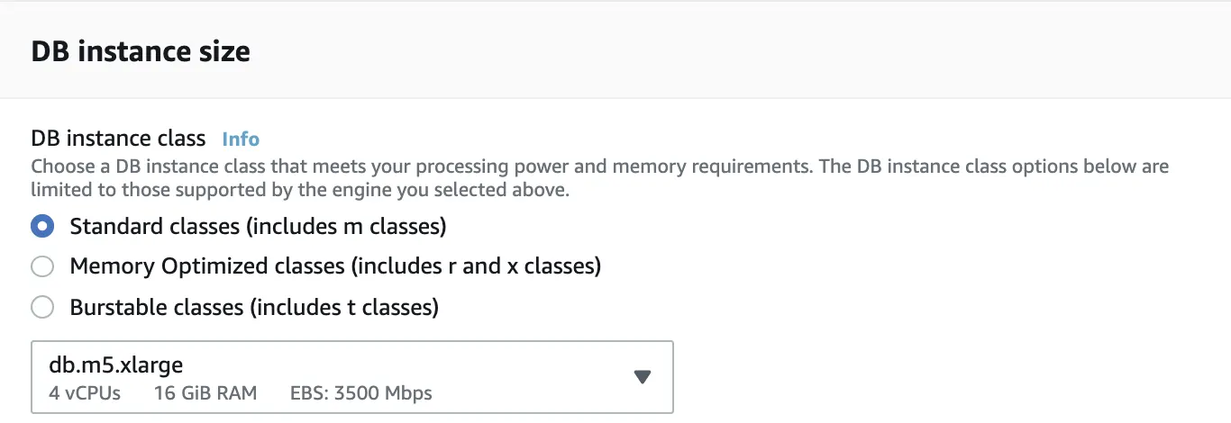 A screenshot of the database creation process in the RDS console, where you choose instance type and size.