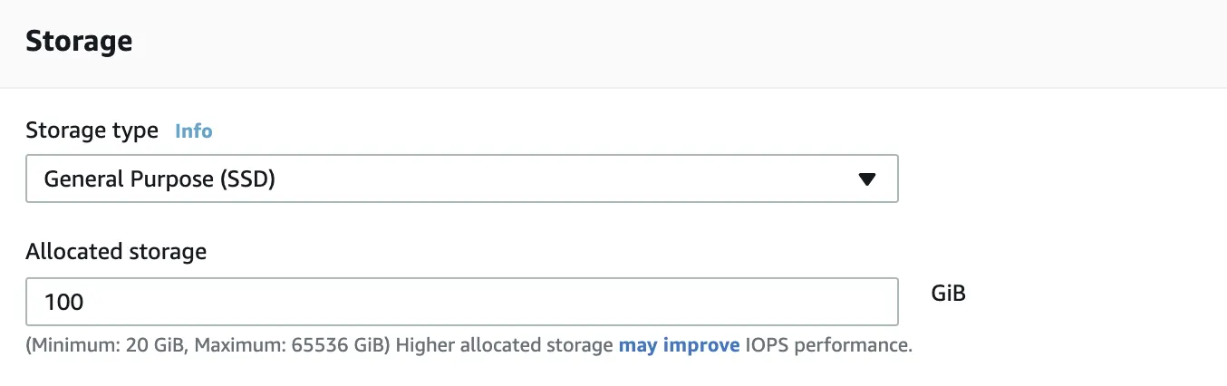 A screenshot of the database creation process in the RDS console, where you choose storage type and size.