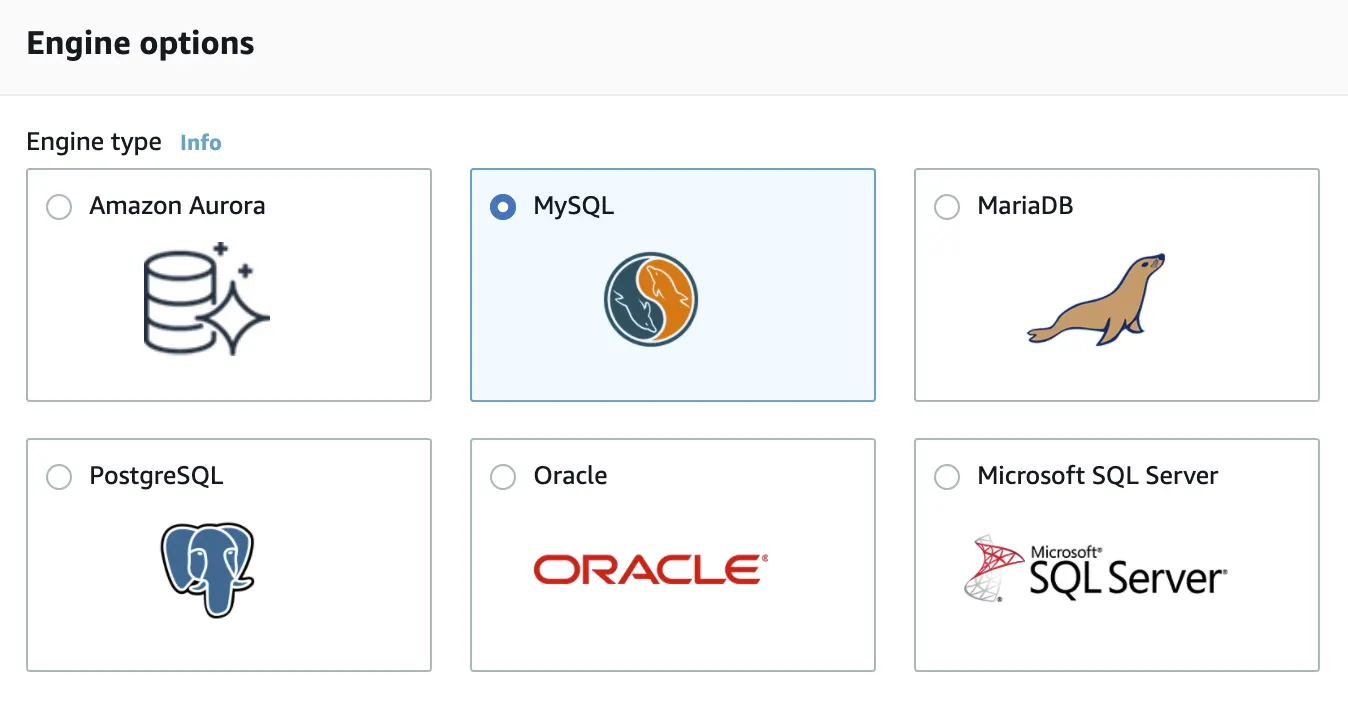 A screenshot of the database creation process in the RDS console, where you choose database engine type.