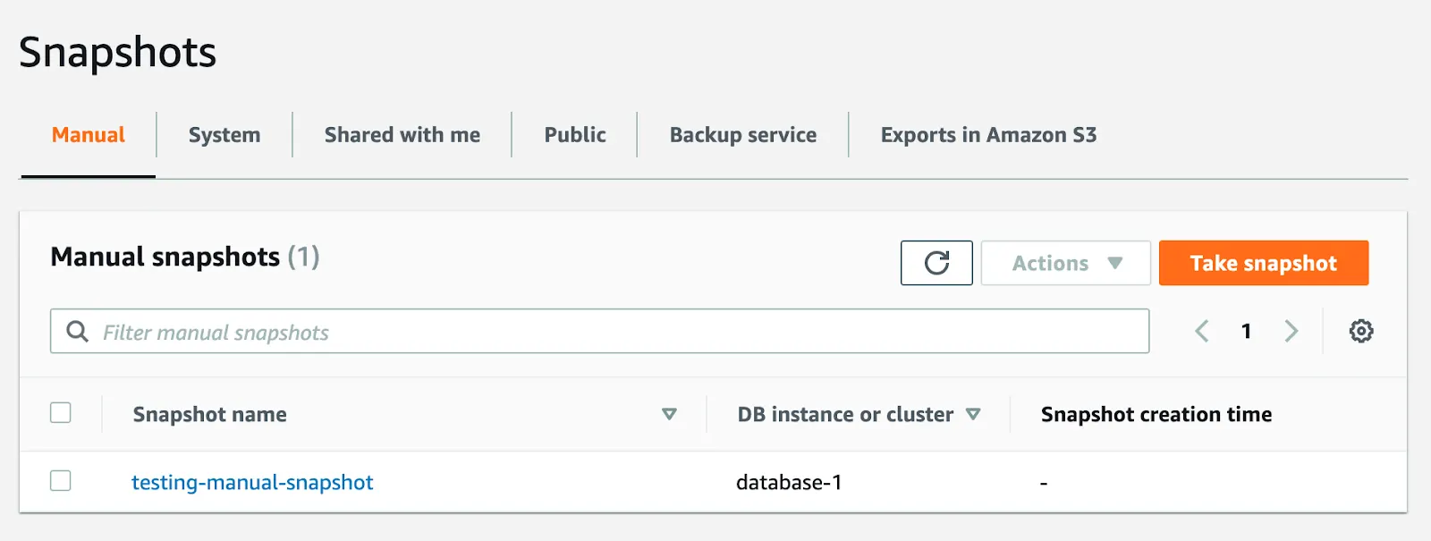 Screenshot of console dashboard where you create a manual snapshot of your RDS database.