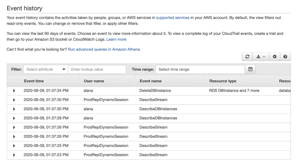 A screenshot of the AWS console that shows event history with rows of Event time, User name, Event name, Resource type, and more