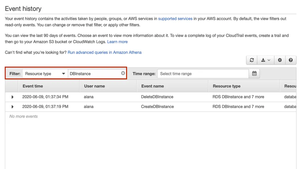 A screenshot of the AWS console that shows event history, with filter highlighted by a red box; Resource type is chosen from the dropdown, and DBInstance is selected