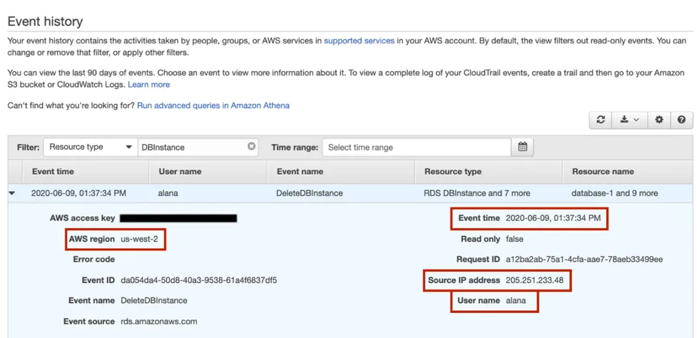 Details of an event with AWS region, Event time, Source IP address, and User name highlighted by red boxes