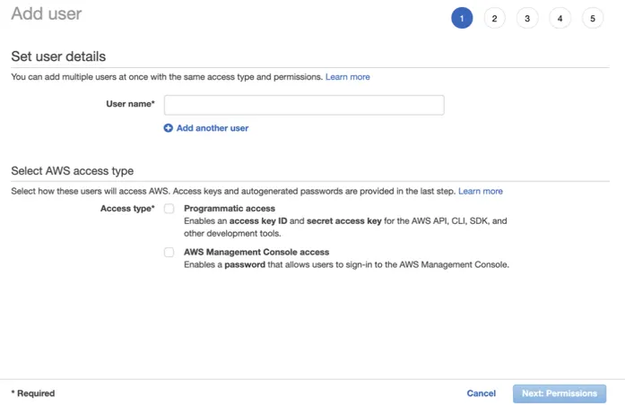 A screenshot of the IAM user creation process in AWS, showing a field for user name and checkboxes for access type