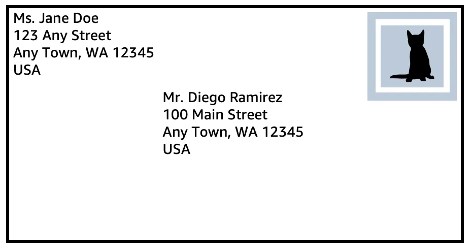 Envelope with the address of the sender, recipient, and a stamp