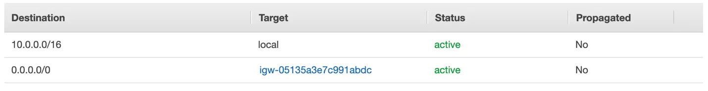 A route table that allows local traffic and traffic to and from the internet gateway 0.0.0.0/0, target starting with igw-