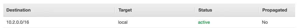 Screenshot of the main route table for a VPC, showing the destination as 10.2.0.0/16, the target as local, the status as active, and that it’s not propagated