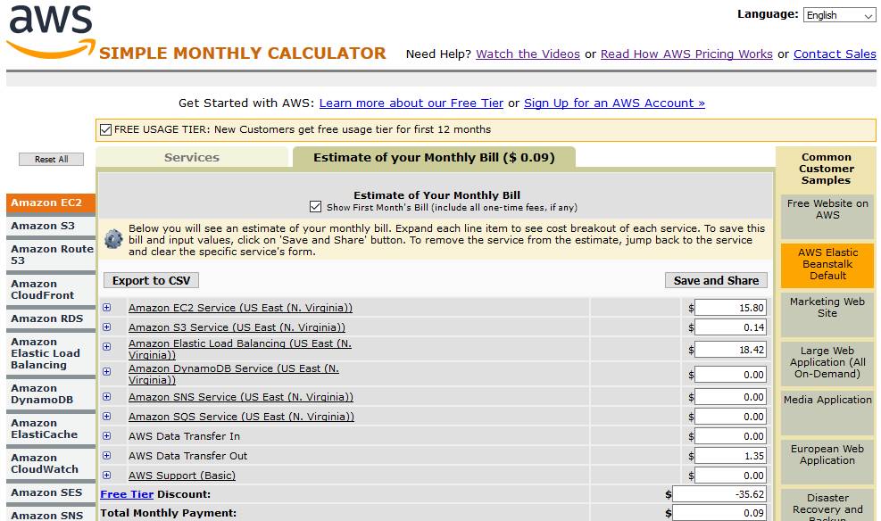 Simple Monthly Calculator estimate showing the cost of multiple AWS services and the total monthly payment minus the Free Tier discount