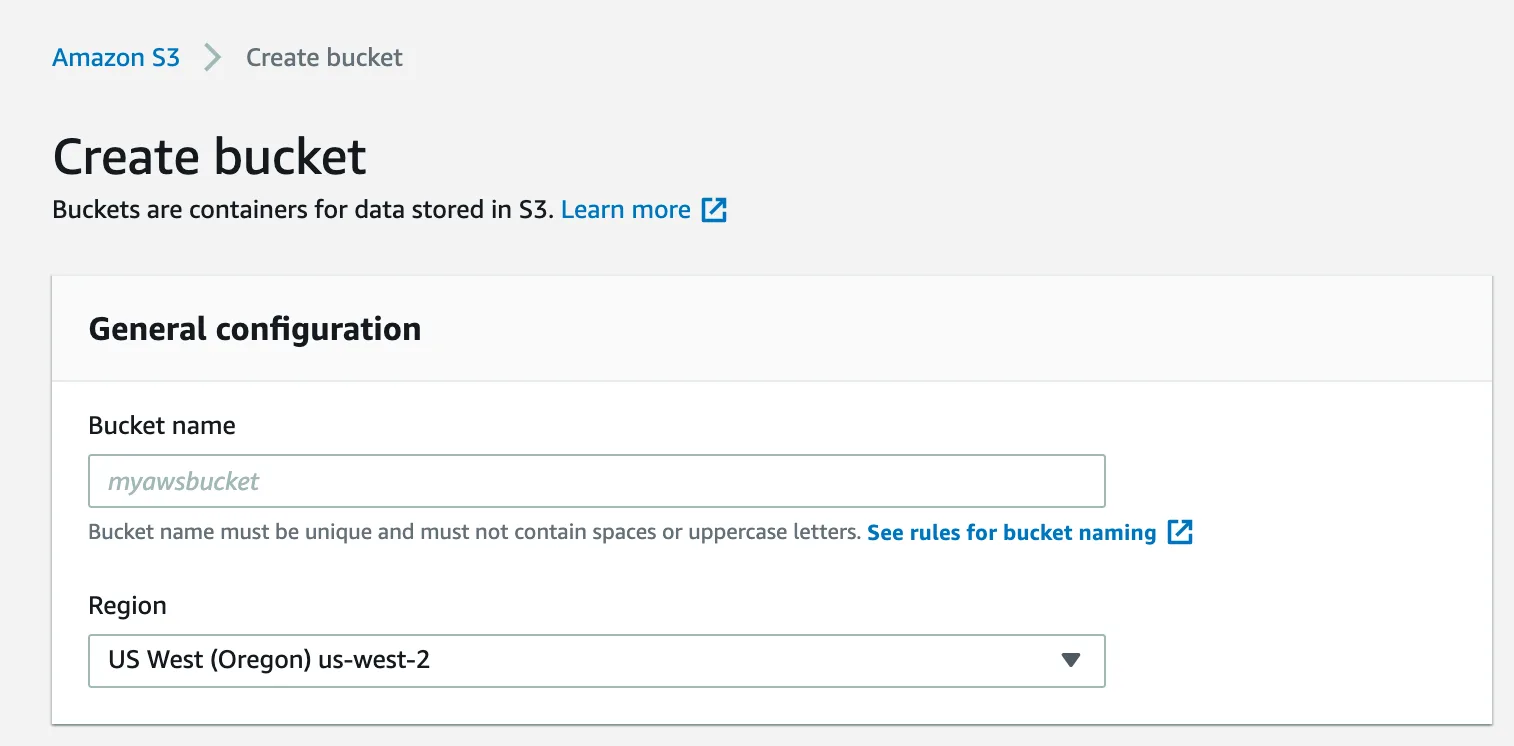 Screenshot of creating an Amazon S3 bucket, showing the Create bucket screen, General configuration where you input your chosen bucket name and region.