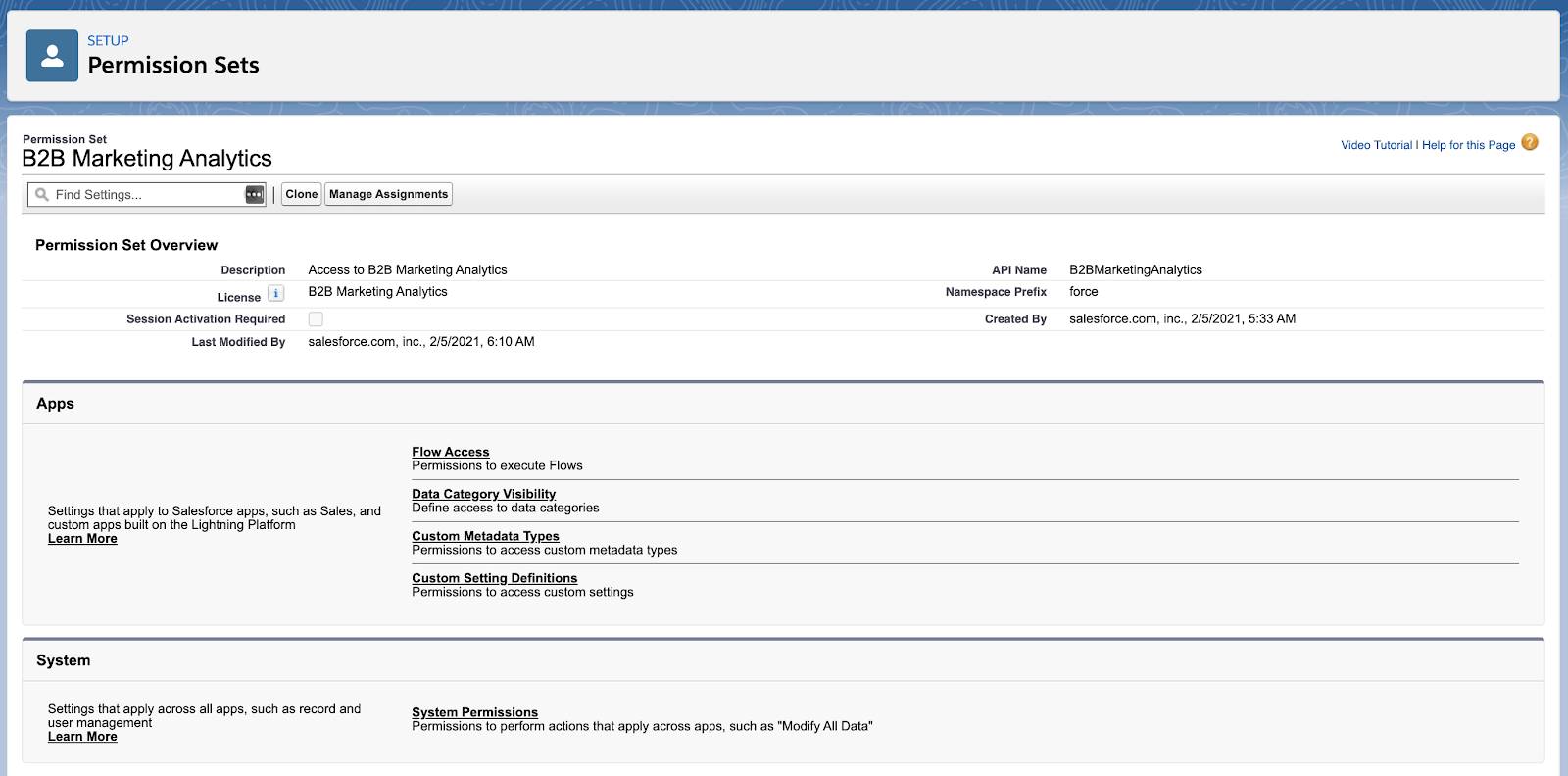 B2B Marketing Analytics Permission Sets page.