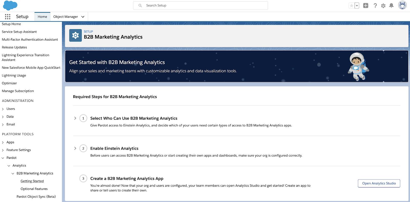 Écran de configuration de B2B Marketing Analytics.