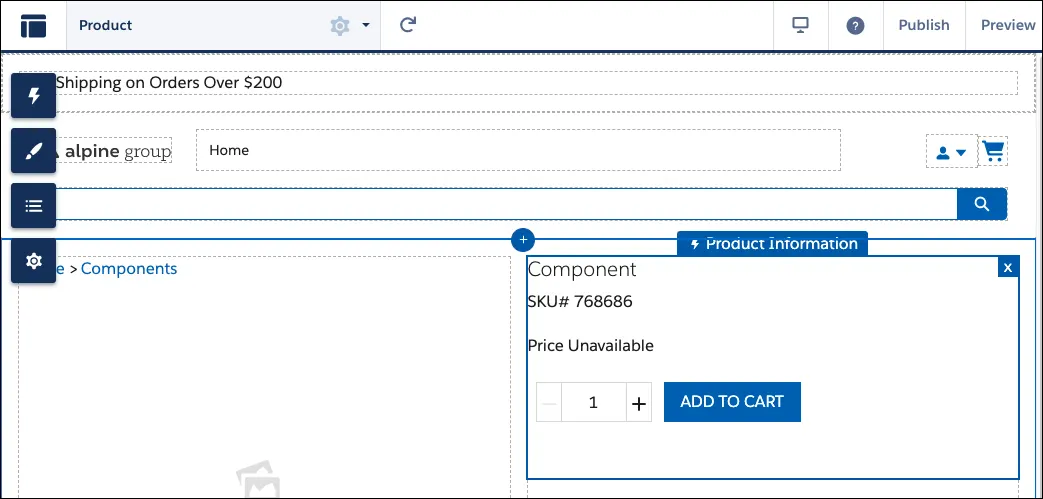 Within the Experience Builder, drag and drop the Einstein Recommendations component to below the Product Information component.