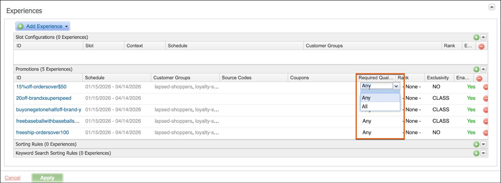 In Business Manager, select any or all for a promotion experience within a campaign.